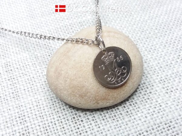 Denmark 1986 coin necklace with 38 year old M initial 10 ore as coin pendant. 38th birthday gift. 10th anniversary gift. Danish souvenir gift