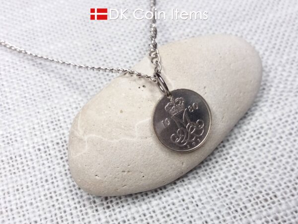 Denmark 1980 coin necklace with 44 year old M initial 10 ore as coin pendant. 44th birthday gift. 10th anniversary gift. Danish souvenir gift