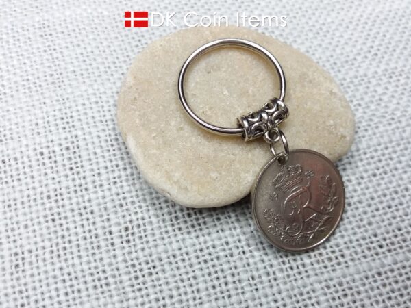 Denmark 1953 coin keychain. 71 year old coin pendant. Danish 25 ore with Crown R initial