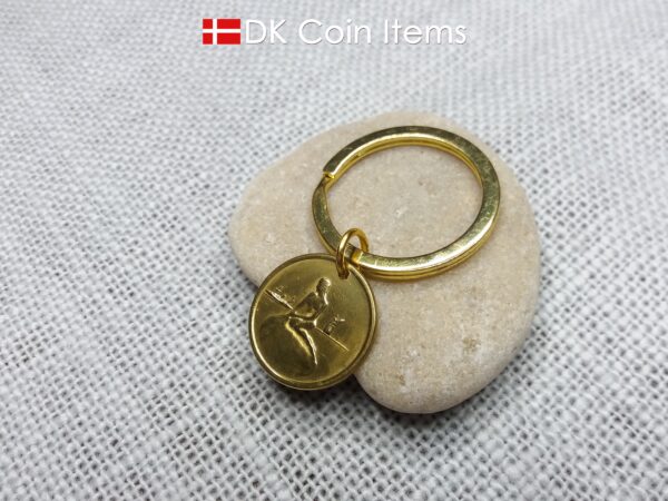 Danish coin pendant keychain with The Little Mermaid statue/sculpture on a Copenhagen vintage brass fare token from 1966-1967