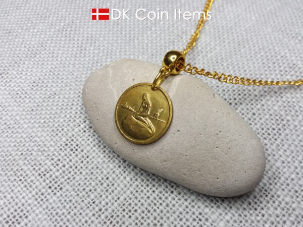 Danish coin pendant necklace with The Little Mermaid statue/sculpture on a Copenhagen vintage brass fare token from 1966-1967