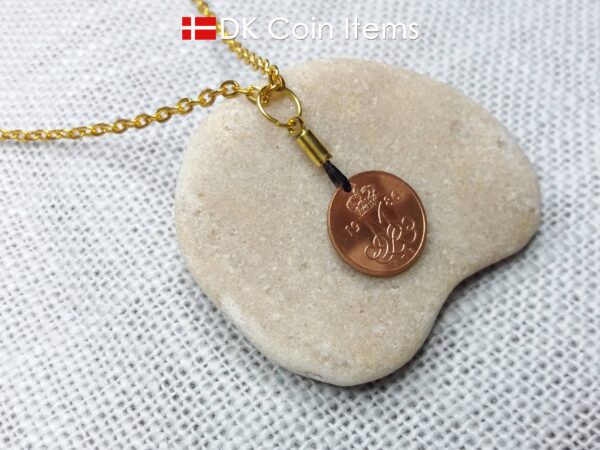 Denmark 1986 coin necklace with 38 year old Crown M initial 5 ore as coin pendant. 38th birthday gift. Danish vintage souvenir