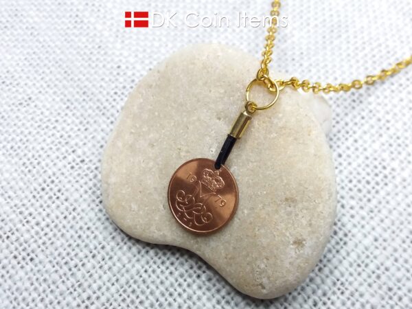 Denmark 1979 coin necklace with 45 year old Crown M initial 5 ore as coin pendant. 45th birthday gift. Danish vintage souvenir