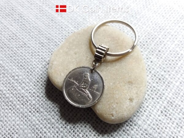 Denmark Little Mermaid keychain with a Copenhagen vintage 1966-1967 token coin showing The Danish Little Mermaid statue/sculpture