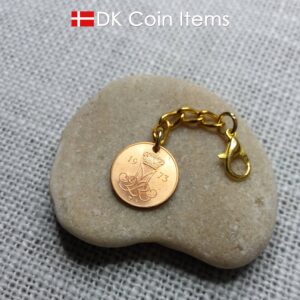 Denmark 1973 coin necklace with a 51 year old Danish Crown M initial 5 ore as coin pendant. Danish vintage souvenir