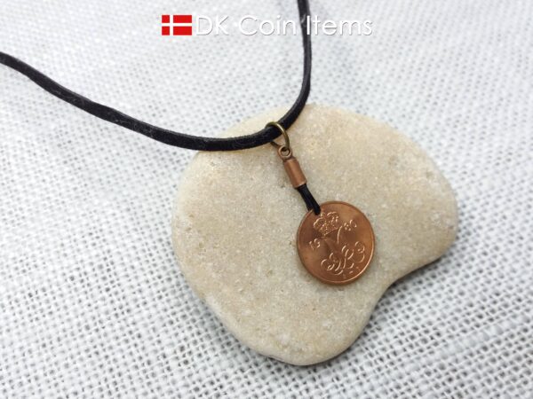 Denmark 1980 coin necklace with 44 year old Crown M initial 5 ore as coin pendant. 44th birthday gift. Danish vintage souvenir