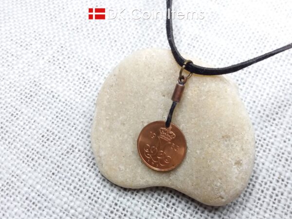 Denmark 1983 coin necklace with 41 year old Crown M initial 5 ore as coin pendant. 41st birthday gift. Danish vintage souvenir