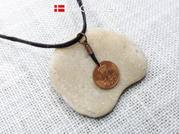 Denmark 1982 coin necklace with 42 year old Crown M initial 5 ore as coin pendant. 42nd birthday gift. Danish vintage souvenir