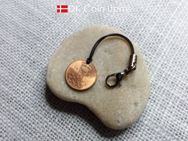 Denmark 1973 coin charm with 51 year old Crown M initial 5 ore as coin pendant. Danish vintage souvenir