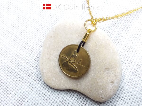 Denmark Little Mermaid coin pendant necklace with a Copenhagen vintage 1966-1967 token showing The Danish Little Mermaid statue/sculpture