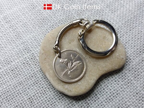 Denmark Little Mermaid coin pendant keychain with a Copenhagen vintage 1966-1967 token showing The Danish Little Mermaid statue/sculpture