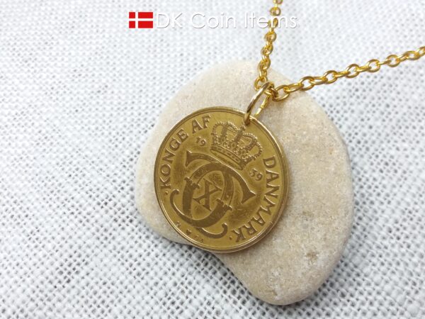 Denmark 1939 coin necklace. 85 year old golden initial C coin pendant with Danish Royal Crown 2 krone. 85th birthday gift. Antique souvenir