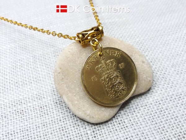 Denmark 1957 coin necklace with 67 year old golden Coat of Arms coin pendant with Royal Crown 2 krone. 67th birthday gift. Vintage souvenir