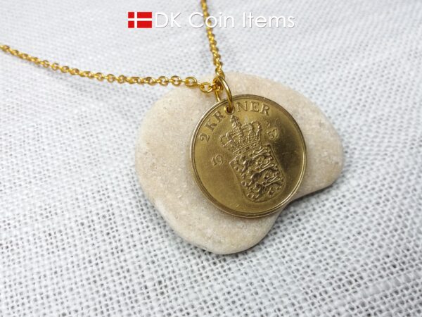 Denmark 1957 coin necklace. 67 year old golden Coat of Arms coin pendant with Royal Crown 2 kroner. 67th birthday gift. Vintage souvenir