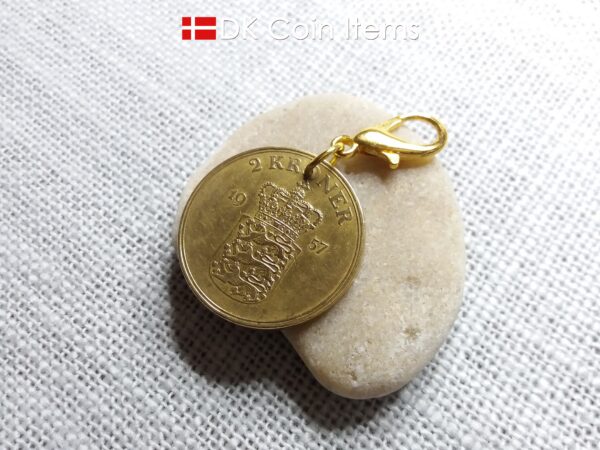 Denmark 1957 coin charm. 67 year old golden Coat of Arms with Royal Crown 2 kroner coin pendant. 67th birthday gift. Vintage souvenir