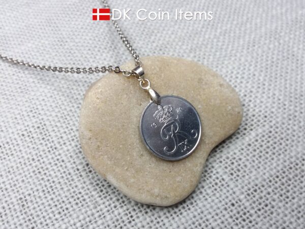 Denmark 1971 coin necklace. Crown R initial on 53 year old 2 ore as coin pendant. 53rd birthday gift. Danish vintage souvenir