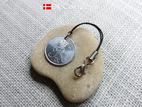 Denmark 1971 coin charm with 53 year old Crown R initial 2 ore as coin pendant. 53rd birthday gift. Danish vintage souvenir