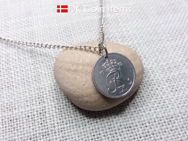 Denmark 1969 coin necklace with 55 year old Crown R initial 2 ore as coin pendant. 55th birthday gift. Danish vintage souvenir