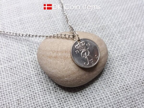 Denmark 1969 coin necklace with 55 year old Crown R initial 10 ore as coin pendant. 55th birthday gift. Danish vintage souvenir