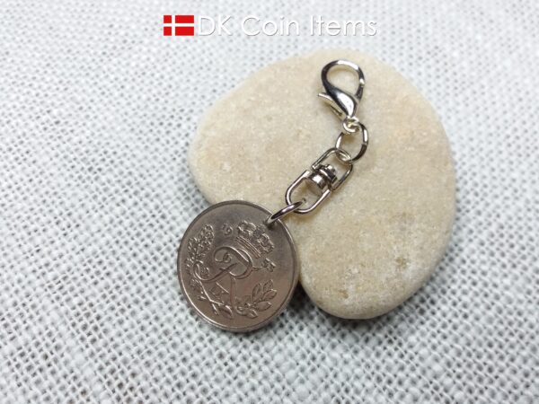 Denmark 1953 coin charm with 71 year old Crown R initial 25 ore as coin pendant