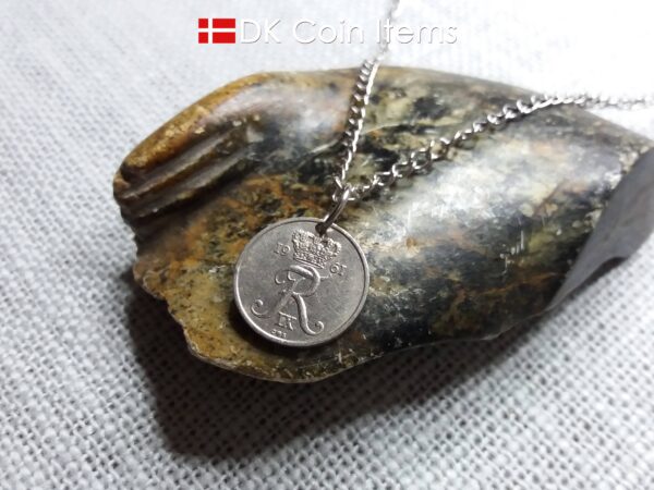 Denmark 1961 coin necklace with 63 year old Crown R initial 10 ore as coin pendant. 63rd birthday gift. Danish vintage souvenir