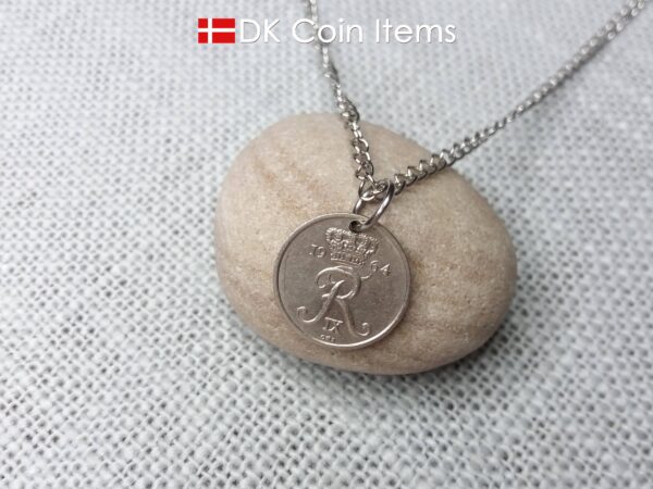 Denmark 1964 coin necklace with 60 year old Crown R initial 10 ore as coin pendant. 60th birthday gift. Danish vintage souvenir