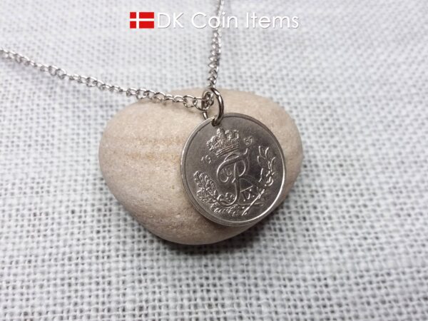 Denmark 1957 coin necklace with 67 year old Crown R initial 25 ore as coin pendant. 67th birthday gift. Danish vintage souvenir