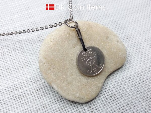 Denmark 1971 coin necklace with 53 year old Crown R initial 10 ore as coin pendant. 53rd birthday gift. Danish vintage souvenir