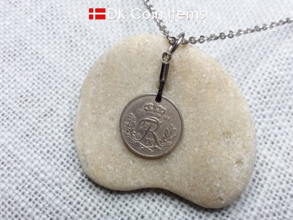 Denmark 1950 coin necklace with 74 year old Crown R initial 10 ore as coin pendant. 74th birthday gift. Danish vintage souvenir