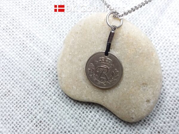 Denmark 1951 coin necklace with 73 year old Crown R initial 10 ore as coin pendant. 73rd birthday gift. Danish vintage souvenir