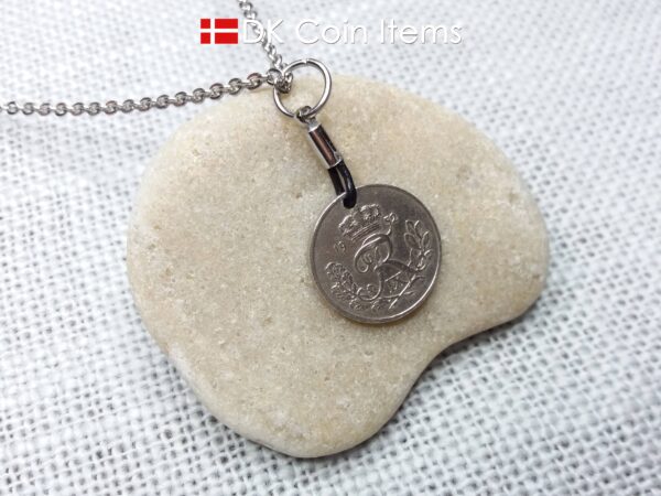 Denmark 1952 coin necklace with 72 year old Crown R initial 10 ore as coin pendant. 72nd birthday gift. Danish vintage souvenir