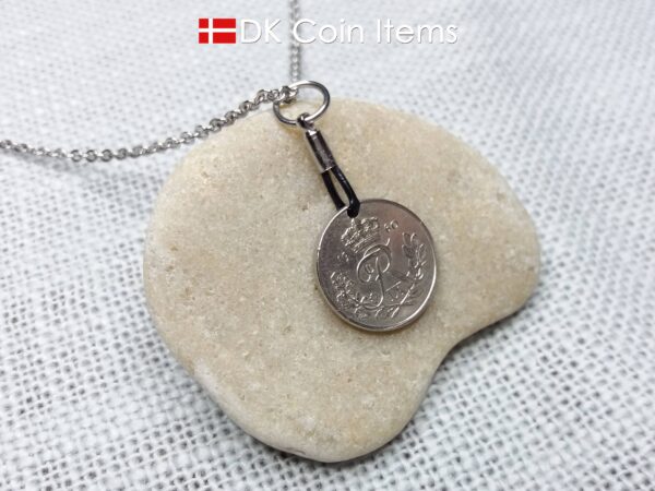 Denmark 1960 coin necklace with 64 year old Crown R initial 10 ore as coin pendant. 64th birthday gift. Danish vintage souvenir