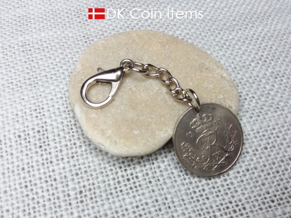 Denmark 1953 coin charm. 71 year old coin pendant. Danish 25 ore with Crown R initial