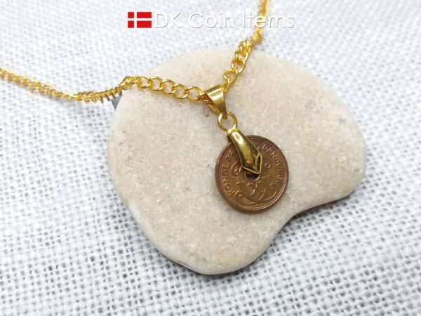 Denmark 1930 coin necklace. 94 year old coin pendant. Copper 1 ore with Crown C initial