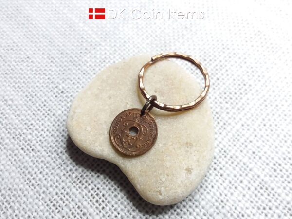 Denmark 1930 coin keychain. 94 year old Crown C initial Copper 1 ore as coin pendant