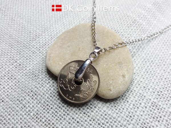 Denmark 1984 coin necklace. 40 year old coin pendant. Initial M 25 ore. Danish Crown souvenir