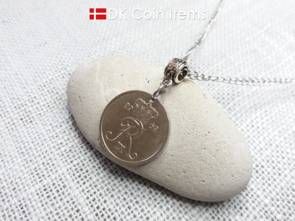 Denmark 1962 coin pendant necklace with 62 year old R initial 25 ore. 62nd birthday gift. Danish vintage souvenir gift