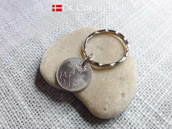 Denmark 1981 coin keychain with 43 year old M initial 10 ore as coin pendant. 43rd birthday gift. 10th anniversary gift