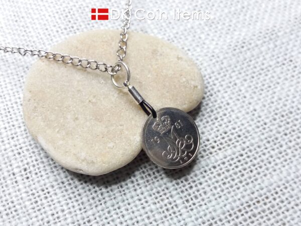 Denmark 1981 coin necklace with 43 year old M initial 10 ore as coin pendant. 43rd birthday gift. 10th anniversary gift