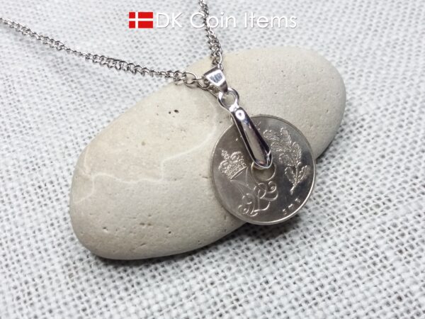 Denmark 1974 coin necklace. 50 year old coin pendant. Initial M 25 ore. Danish Crown souvenir gift