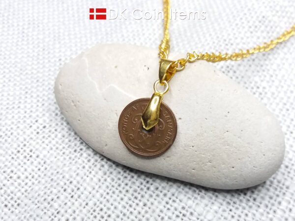 Denmark 1934 coin necklace with 90 year old Crown C initial Copper 1 ore as coin pendant