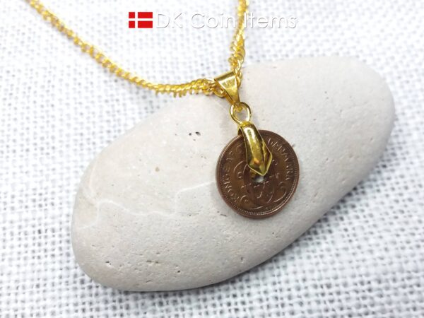 Denmark 1936 coin necklace with 88 year old Crown C initial Copper 1 ore as coin pendant