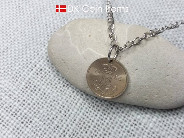 Denmark 1984 coin necklace with 40 year old M initial 10 ore as coin pendant. 40th birthday gift. 10th anniversary gift. Danish souvenir gift