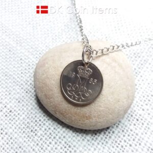 Denmark 1985 coin necklace with 39 year old M initial 10 ore as coin pendant. 39th birthday gift. 10th anniversary gift. Danish souvenir gift