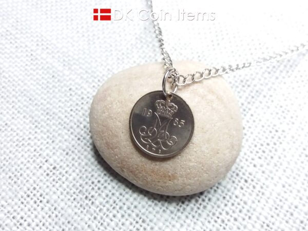 Denmark 1985 coin necklace with 39 year old M initial 10 ore as coin pendant. 39th birthday gift. 10th anniversary gift. Danish souvenir gift