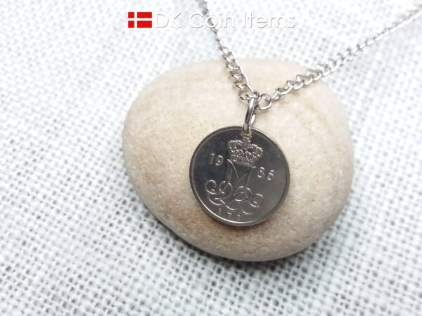 Denmark 1986 coin necklace with 38 year old M initial 10 ore as coin pendant. 38th birthday gift. 10th anniversary gift. Danish souvenir gift