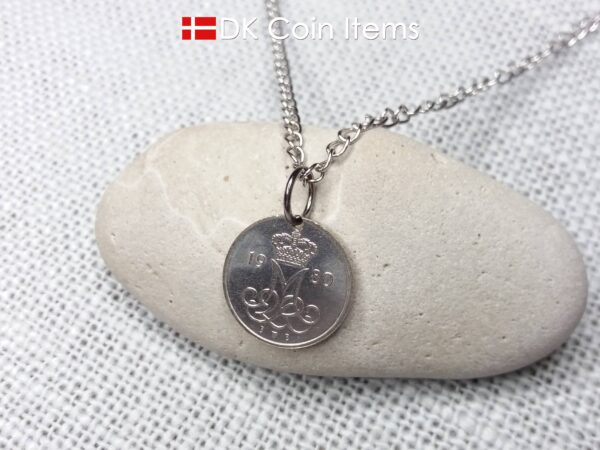 Denmark 1980 coin necklace with 44 year old M initial 10 ore as coin pendant. 44th birthday gift. 10th anniversary gift. Danish souvenir gift