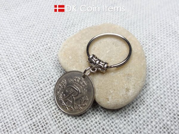 Denmark 1953 coin keychain. 71 year old coin pendant. Danish 25 ore with Crown R initial