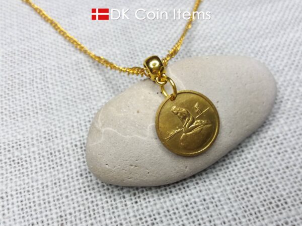 Danish coin pendant necklace with The Little Mermaid statue/sculpture on a Copenhagen vintage brass fare token from 1966-1967