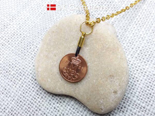 Denmark 1986 coin necklace with 38 year old Crown M initial 5 ore as coin pendant. 38th birthday gift. Danish vintage souvenir